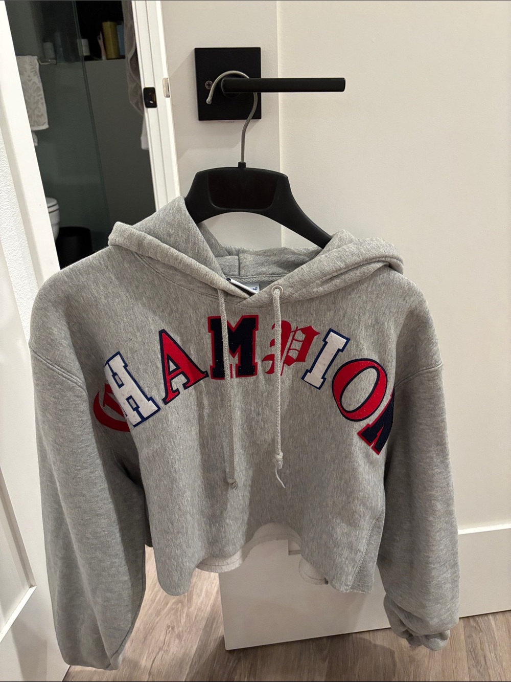 Champion Gray Cropped Hoodie with Red & Blue Arched Logo